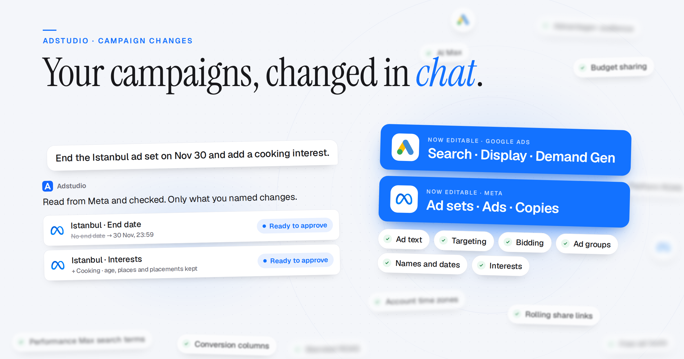 The Adstudio assistant answering "End the Istanbul ad set on Nov 30 and add a cooking interest." with two Meta changes ready to approve, an end date and an added interest with the rest of the audience kept, next to what is now editable from chat: Search, Display and Demand Gen on Google Ads, ad sets, ads and copies on Meta, and the settings they cover: ad text, targeting, bidding, ad groups, names and dates, interests
